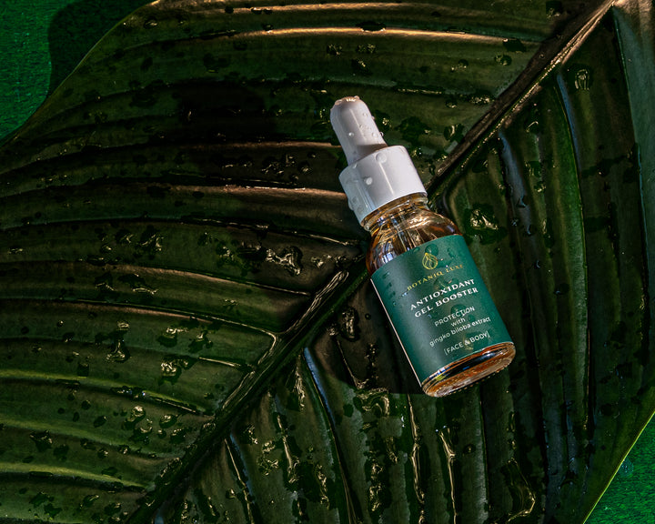 Antioxidant Gel Booster styled shoot on a plant leaf